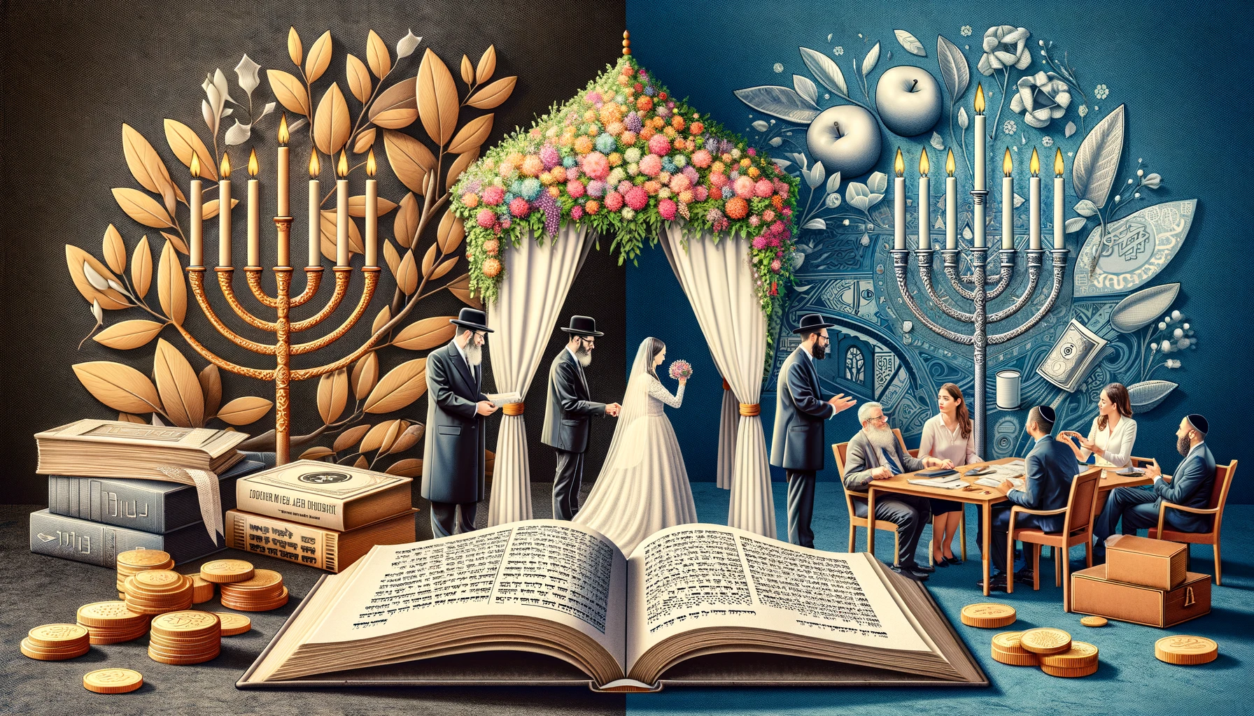 ユダヤ文化の結婚と金銭管理のテーマを象徴的に表現し、16:9の形式